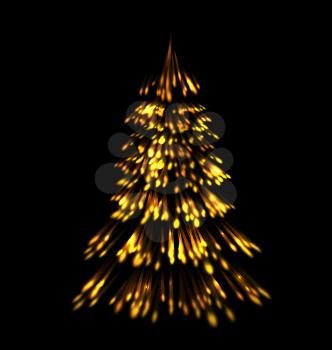 Golden fir tree christmas  trace fireworks  make shape pine black background - vector