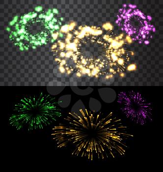 Set of isolated golden fireworks on black and transparent backdrop - vector