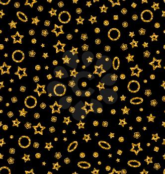 Illustration Golden Glittering Seamless Pattern with Different Geometric Figures, Shimmering Continuous Wallpaper, Luxury Background, Disco Party Template - Vector