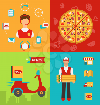 Illustration Set Banners with Pizza Delivery, Perfect Service, Online Order, Fresh Ingredients, Flat Simple Colorful Icons - Vector