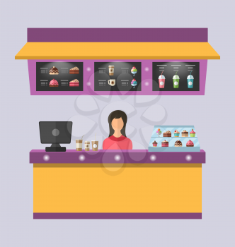 Illustration Sweet Shop with Cakes, Ice Creams, Muffins, Milkshakes, Coffee. Cashier Female - Vector