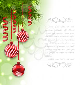 Illustration Christmas Card with Fir Branches and Glass Balls - Vector