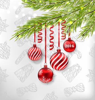 Illustration Christmas Celebration Background with Hanging Glass Balls and Adornment - Vector