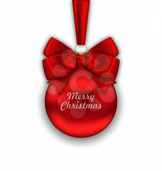 Illustration Realistic Christmas Red Ball with Satin Bow Ribbon Isolated on White Background, Merry Christmas Wishes - Vector