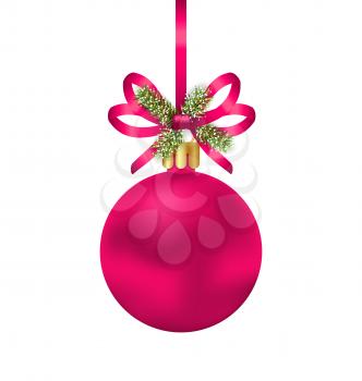 Illustration Christmas Pink Ball with Bow Ribbon and Fir Twigs, Isolated on White Background - Vector