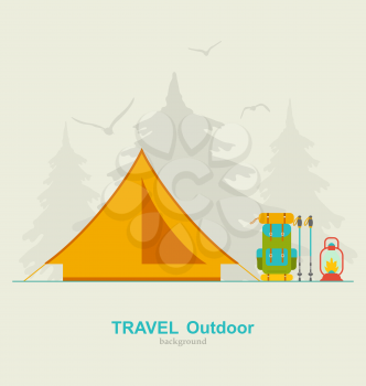 Illustration Travel Camping Background with Tourist Tent, Backpack, Lantern and Trekking Pole - Vector