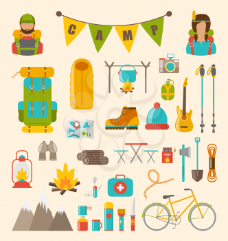 Illustration Collection of Camping and Hiking Equipment, Colorful Symbols and Icons Isolated - Vector