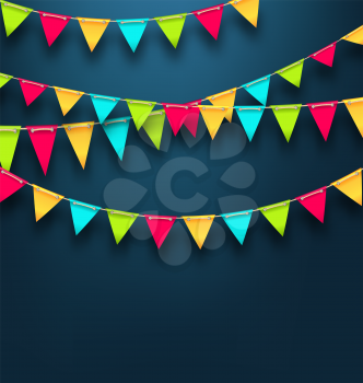 Illustration Party Dark Background with Bunting Flags for Holidays. Template for Poster, Signage, Postcard - Vector