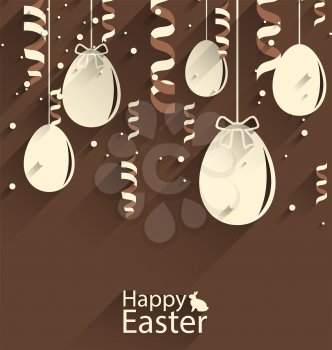 Illustration Happy Easter Chocolate Background with Eggs and Serpentine, Trendy Flat Style with Long Shadows - Vector