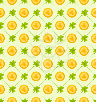 Illustration Seamless Pattern with Clovers and Golden Coins for St. Patricks Day, Cute Background - Vector