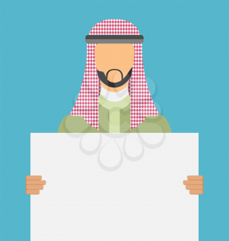 Illustration Arabic Man Holding a Blank Horizontal Banner, Copy Space for Your Text on Poster - Vector