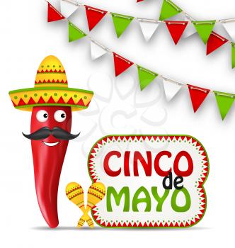 Illustration Cinco De Mayo Holiday Background with Cartoon Character of Chili Pepper, Sombrero Hat, Maracas, Bunting Decoration with Traditional Mexican Color - Vector