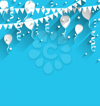 Illustration happy birthday background with balloons, stars and pennants, trendy flat style - vector