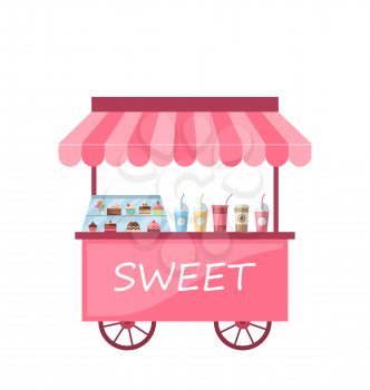 Illustration Icon of Kiosk with Cakes, Milkshakes. Sweet Cart Isolated on White Background - Vector