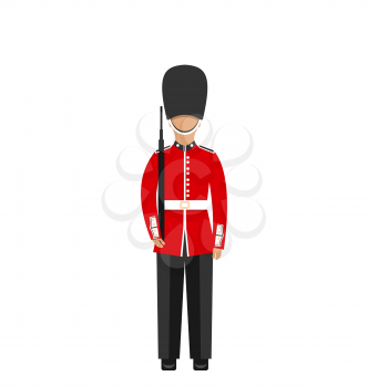 Illustration Queen's Guard. Man in Traditional Uniform with Weapon, British Soldier, Isolated on White Background - Vector