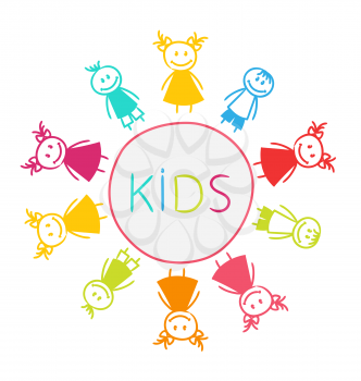 Illustration Hand-drawn Cute Funny Kids, Colorful Girls and Boys - Vector