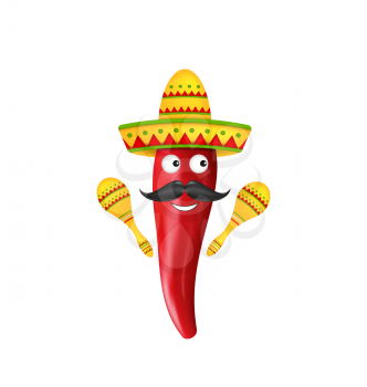 Illustration Mexican Symbols, Red Chili Pepper, Sombrero Hat, Musical Maracas, Mustache. Abstract Character. Colorful Objects Isolated on White background - Vector