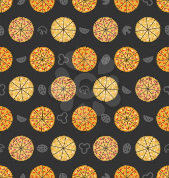 Illustration Seamless Pattern with Set of Different Pizza. Colorful Food Wallpaper - Vector