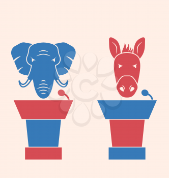 Illustration Concept of Debate Republicans and Democrats. Donkey and Elephant as a Orators Symbols Vote of USA. Retro Style Design - Vector