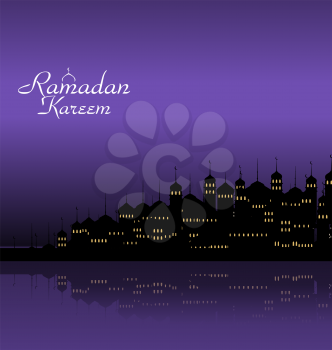 Illustration Ramadan Kareem Night Background with Silhouette Mosque and Minarets - Vector