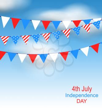 Illustration Hanging Bunting Pennants in National American Colors for Independence Day of USA, Blue Sky with Clouds - Vector