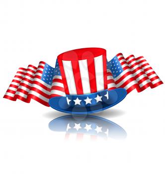 Illustration Festive Background in American National Colors with Uncle Sam Hat and Flags - Vector