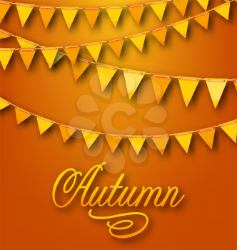 Illustration Autumn Bright Holiday Card with Hanging Bunting Pennants. Ornamental Text - Vector