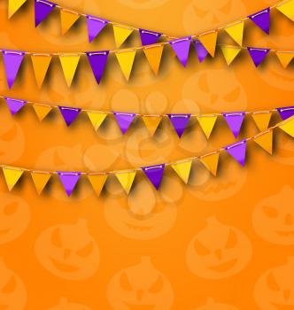 Illustration Halloween Party Background with Colored Bunting Pennants, Backdrop with Pumpkins - Vector