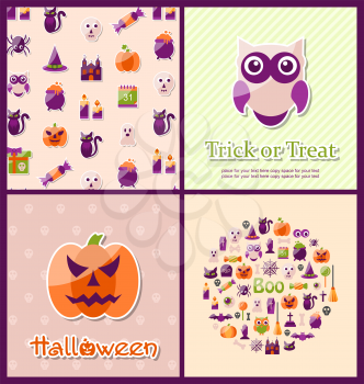 Illustration Halloween Postcards. Set Banners. Party Invitations with Flat Icons. Trick or Treat - Vector