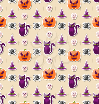 Illustration Halloween Seamless Pattern with Colorful Traditional Icons - Vector