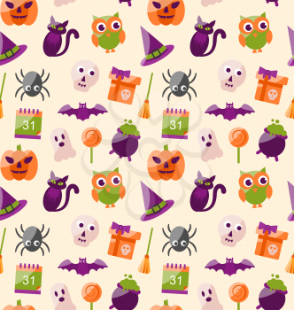 Illustration Halloween Seamless Pattern with Colorful Flat Icons. Abstract Holiday Wallpaper - Vector