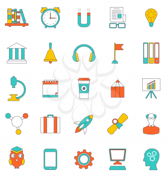 Illustration Set Flat Line Icons of School Equipment and Tools. Modern Trend Design. Objects Isolated on White Background - Vector
