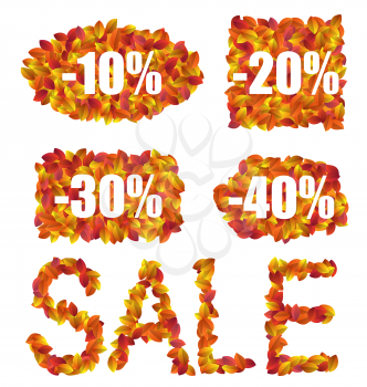 Illustration Set Autumn Sale Discounts made in Colorful Leaves, Isolated on White Background - Vector