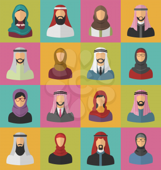 Illustration Set Arabic Men and Women, Heads and Headscarf, Portraits, Traditional Clothing in Arab Countries, Flat Icons - Vector