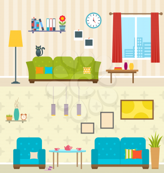 Illustration Set of Interiors of Living Rooms. Decoration of Modern Apartments. Minimalism Style. Home Furniture - Vector