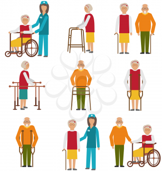 Illustration Set of Older People Disabled. Elderly People in Different Situations with Caregivers - Vector