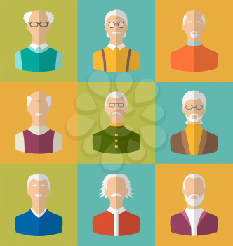 Illustration Old people Icons of Faces of Old Men. Grandfathers Characters. Heads of Pensioners. Cartoon Style Avatars. Flat Icons - Vector