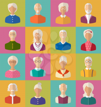 Illustration Old People of Faces of Women and Men of Grey-headed. Heads of Pensioners. Avatars. Flat Icons - Vector