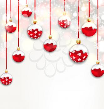 Illustration Christmas Red Glassy Balls on Shimmering Light Background - Vector