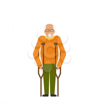Illustration Older Man with Crutches. Disability, Elderly, Grandfather. Colorful Icon Isolated on White Background - Vector