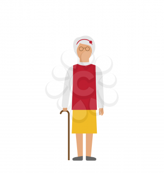 Illustration Old Woman Walking with Cane Isolated on White Background - Vector