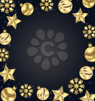 Illustration Christmas Frame of Golden Balls, Stars, Snowflakes. Glitter Background - Vector