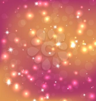 Orange Red Abstract Christmas Background with Bright Stars, Bokeh and Snowflakes. Vector Graphics.