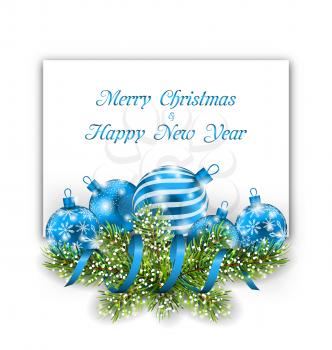 Illustration Christmas and Happy New Year Card with Blue Balls on White Background - Vector