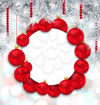 Illustration Christmas and Happy New Year Card with Red Balls on Shimmering Background - Vector