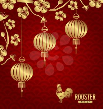 Happy Oriental Card for Chinese New Year 2017, Lanterns, Sakura Blossom Flowers and Golden Rooster - Vector