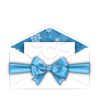 Illustration Envelope with Greeting Card and Blue Bow Ribbon for Winter Holidays. White Letter Isolated on White Background - Vector