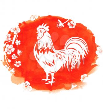 Illustration Watercolor Background with Rooster, Zodiac Symbol of Year, Blossom Sakura Flower - Vector