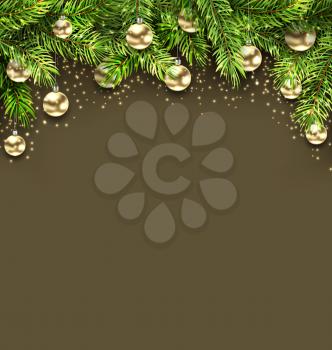 Illustration Christmas Holiday Background with Fir Twigs and Golden Glass Balls - Vector