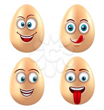 Illustration Set Smiling Funny Eggs. Positive Emotions, Isolated On White Background - Vector
